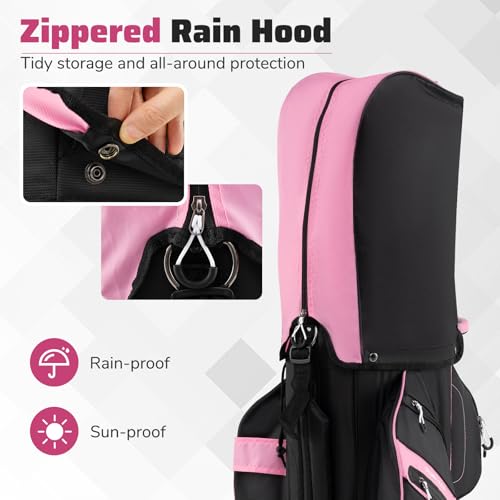 Goplus Lightweight Golf Cart Bag, Molded Lock Top Golf Club Bag w/14-Way Full Length Organizer Dividers, 11 Pockets, Cooler Bag, Straps, Umbrella Holder & Rain Hood for Men Women - color: Black+Pink
