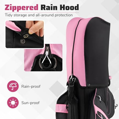 Goplus Lightweight Golf Cart Bag, Molded Lock Top Golf Club Bag w/14-Way Full Length Organizer Dividers, 11 Pockets, Cooler Bag, Straps, Umbrella Holder & Rain Hood for Men Women - color: Black+Pink