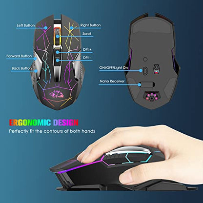 FELICON Wireless Gaming Mouse, Rechargeable Silent Click Adjustable DPI Optical Computer Mice, 2.4Ghz Wireless Mouse with Colorful LED Backlit for Windows/Mac/Linux/PC/Laptop(Star Black) - color: Star Black