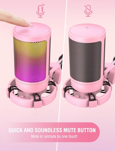 FIFINE USB Gaming PC Microphone for Streaming Podcasts, AmpliGame RGB Computer Condenser Desktop Mic, Cardioid Pattern for YouTube Video, Plug and Play on PS4 PS5, with Quick Mute, Mic Gain-A6V Pink - color: Pink