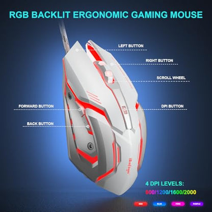 BlueFinger 60% Mechanical Gaming Keyboard and Mouse Combo - RGB Rainbow Backlit 61 Keys Red Switch Keyboard & 4 DPI LED Gaming Mouse, USB Wired Set for PC Laptop Xbox PS4 PS5, White - color: White