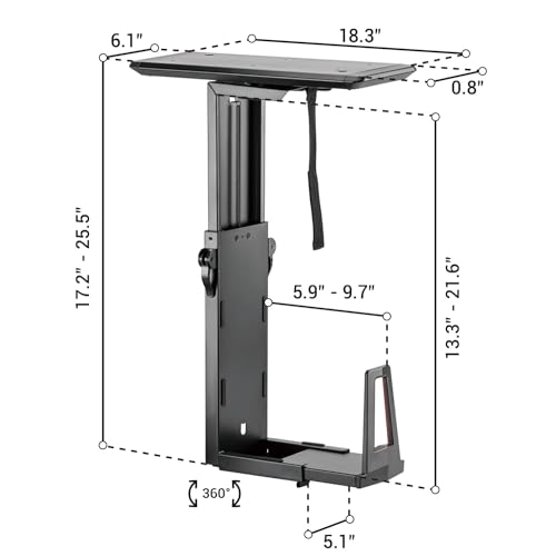 Desky Sliding CPU Mount – Under Desk Adjustable PC Holder with 360° Swivel & Slide Track, Fits Most Towers, Space-Saving Steel Bracket with Padding for Office or Gaming Setup – Black