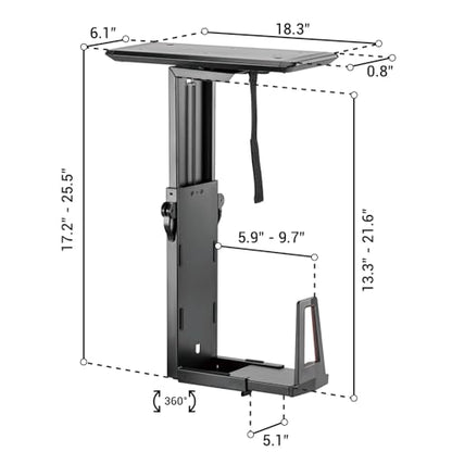 Desky Sliding CPU Mount – Under Desk Adjustable PC Holder with 360° Swivel & Slide Track, Fits Most Towers, Space-Saving Steel Bracket with Padding for Office or Gaming Setup – Black