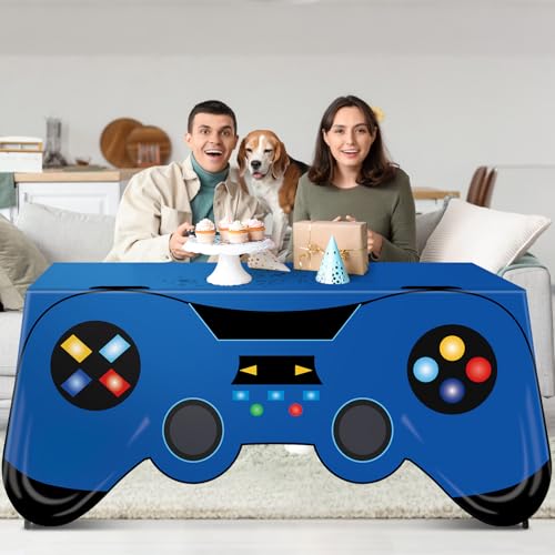 6 Ft Video Game Tablecloth Birthday Party Decoration Blue Gaming Controller Shaped Table Cover Game Pad Table Covers Protector Washable Polyester Party Supplies for Gamer Player Birthday Decoration