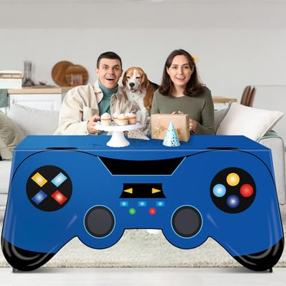 6 Ft Video Game Tablecloth Birthday Party Decoration Blue Gaming Controller Shaped Table Cover Game Pad Table Covers Protector Washable Polyester Party Supplies for Gamer Player Birthday Decoration