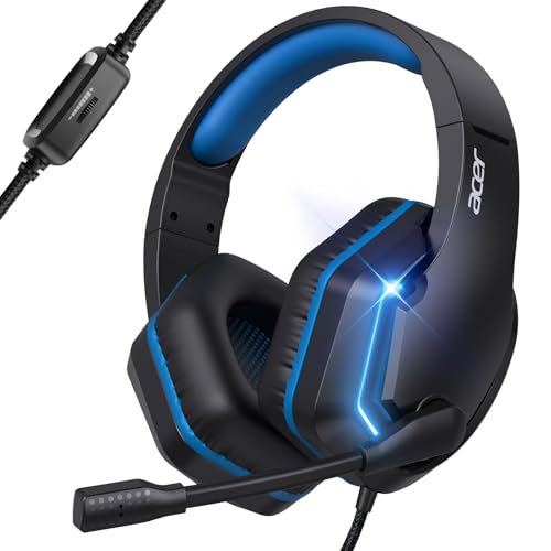 Acer Wired Gaming Headset for PS5, PS4, PC, Xbox Series X|S, Switch, Gaming Headphones with Noise Cancelling Microphone, LED Lights &50mm Speaker, 3.5mm Jack for Gaming, Black