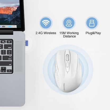 TECKNET Wireless Mouse Rechargeable, 2.4G Computer Mice with USB-A Receiver | 2.4G Connection, 800mAh Battery, 3X Faster Charging, Silent Click, 6-Level 4800 DPI, Ergonomic Design for All-day Comfort - color: White
