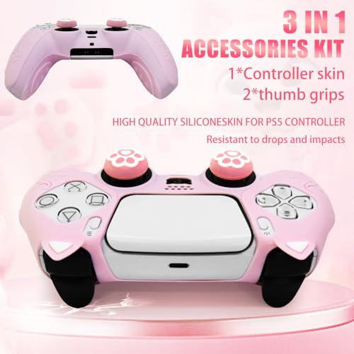 Pink Cat Ear PS5 Controller Cover - Cute Silicone Skin with Cat & Paw Prints + 2 Matching Cat Paw Thumbstick Caps | Kawaii Non-Slip Grip for PlayStation 5 Controller - color: Light Pink