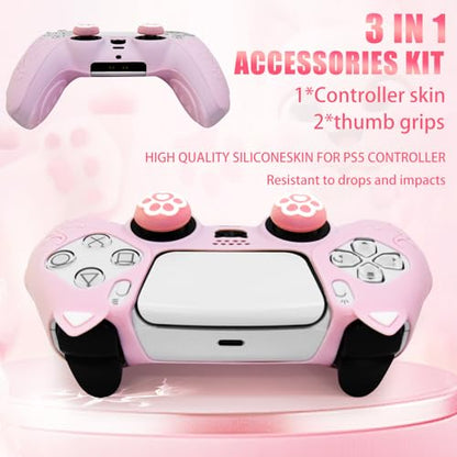 Pink Cat Ear PS5 Controller Cover - Cute Silicone Skin with Cat & Paw Prints + 2 Matching Cat Paw Thumbstick Caps | Kawaii Non-Slip Grip for PlayStation 5 Controller - color: Light Pink