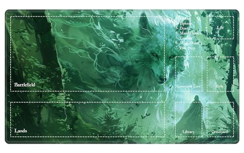 Playmat for MTG Card Game - 24"x14" Commander and Duel Gaming Desk Mat, Ghostly Wolf Spirit Forest - color: Ghostly Wolf Spirit Forest, size: 24"X14" With Zones