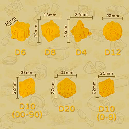 CZYY Cheese Dice Set, 7 Polyhedral Dice for Tabletop RPGs | Food-Themed Novelty Dice, Cheese Hole Details, 3D Printed, For Tabletop Games, Collections & Gamer Gifts