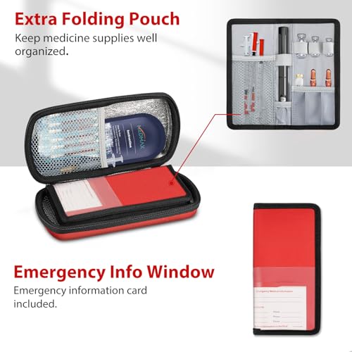 MEDMAX Hard Shell Insulin Cooler Travel Case with 2 Ice Pack, Shock Absorption Insulated Diabetic Medication Organizer Carrying Bag with Extra Pouch for Insulin Pen and Other Diabetic Supplies, Red - color: Red
