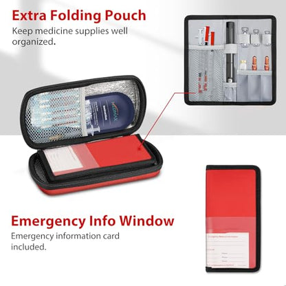 MEDMAX Hard Shell Insulin Cooler Travel Case with 2 Ice Pack, Shock Absorption Insulated Diabetic Medication Organizer Carrying Bag with Extra Pouch for Insulin Pen and Other Diabetic Supplies, Red - color: Red