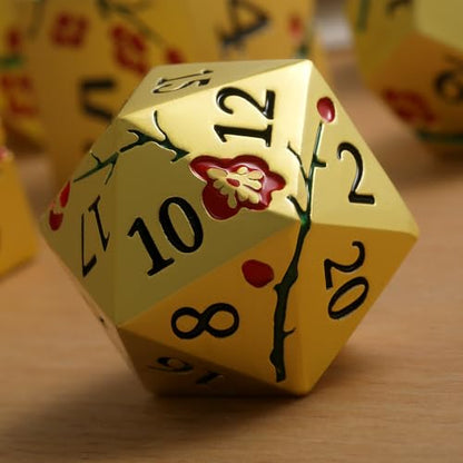 DNDND Flowers Metal Dice, 7 PCS Metallic DND Dice with Gorgeous Gift Case for D&D Dungeons and Dragon Tabletop Game (Red Flowers with Gold) - color: Flower Gold Red
