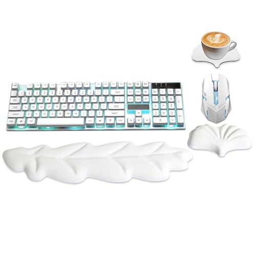 Ergonomic Keyboard Wrist Rest, Leaf Shape Wrist Rest for Computer Keyboard | PU Leather Memory Foam Keyboard Pad and Cute Mouse Wrist Pad for Gaming, Office, Computer, Easy Typing Pain Relief, White - color: White