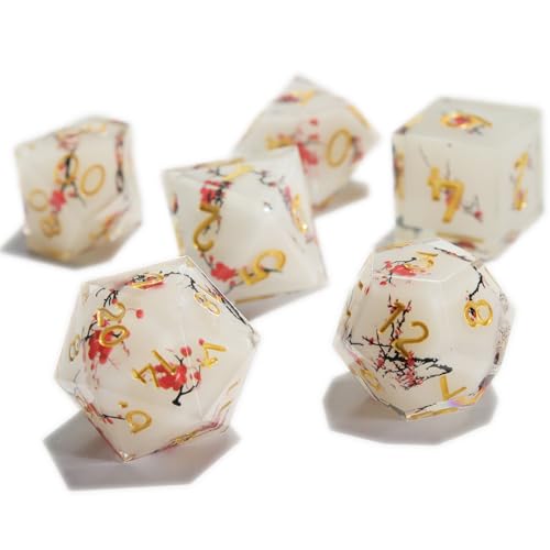 DND Dice Set 7 PCS Resin Dungeons and Dragons Dice with Plum/Cherry/Flower Blossom for Tabletop Games, Gift with Box for D&D, RPG, MTG (Polyhedral)