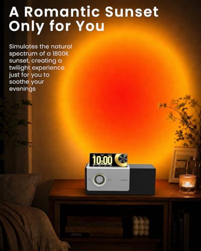 GoldJoy 7 in 1 Bluetooth Speaker Wireless Charging Station for Home Gift | Sound with Punchy Bass, Sunset Lamp & White Noise for Sleep, Smart Flip-Up LCD Display, Clock Syncs Phone's Time and Date - color: Black