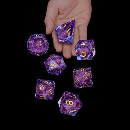 ARUOHHA DND Liquid Core Dice, 7pcs Resin Sharp Edged Dice Set RPG Translucent Polyhedral D and D Dice, Role Playing Dice Set D20 D12 D10 D8 D6 D4 with Gift Box - color: Purple Gold