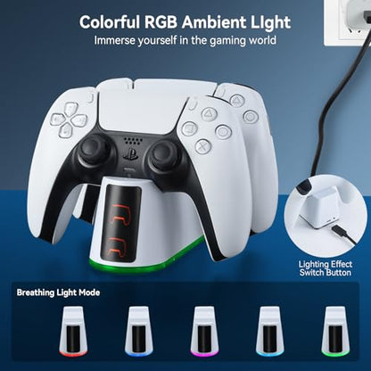 ELUTENG PS5 Controller Charger Dual Controller Charging Stand for PlayStation 5 with LED Indicator, Fast Charging Dock for DualSense Charging Station, PS5 Accessories Kits with USB Cable, White