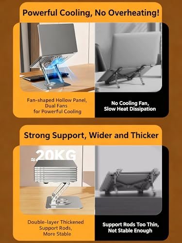 Selbst Laptop Stand for Desk with Quiet Cooling Fans - 360 Rotating Base Ergonomic Computer Stand, Aluminum Laptop Riser Foldable Protable for Office Home fits MacBook Air Pro, Dell, HP (10-17.3'') - color: black