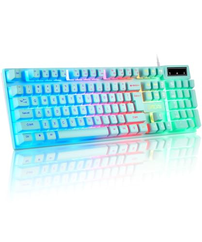 Gaming Teal Keyboard Wired with Color Backlit, Membrane, Quiet for Computer | Cute Creamy Cyan Keyboard with LED, USB Wired, Number Pad, Multimedia Keys, 19 Anti-ghosting, 104 Keys for PC Worker & Gamer - color: Teal
