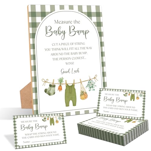Locally Grown Measure the Baby Bump Game, Pack of 1 Wooden Tabletop Sign with Stand and 50 Guessing Cards, Farmers Market Baby Shower Game, Gender Reveal Party Decorations - HC06 - color: Green-4, size: Green
