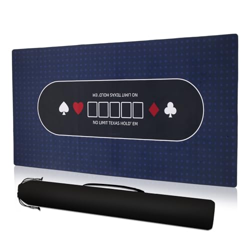 Poker Table Top Mat 70"x35" Blackjack Poker Mat with Non Slip Rubber Backing and Carry Bag for Home Poker Card Game Night Up to 10 Players (Blue) - color: Blue