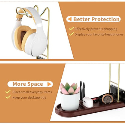 Wooden Headphone Stand for Desk, Gold Headset Holder with Tray | Unique Head Phone Holder, Controller And Headset Stand for Airpod Max And More, Desktop Headphone Hanger for Gaming, Office