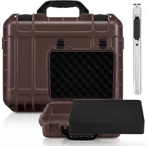 Relaxweex 1 Pcs Waterproof Hard Case with DIY Customizable Foam Insert Portable Protective Case with Knife for Camera Drones Equipments Tools Test Instruments(Brown,14.3 x 11.4 x 4.5 Inch) - color: Brown, size: 14.3 x 11.4 x 4.5 Inch
