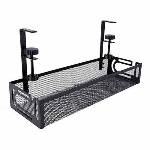 AUNMAS Under Desk Cable Management Tray Cord Organizer with Clamp for Home Office Standing Desk No Tools Needed Adjustable Mount Carbon Steel Mesh (L Black)