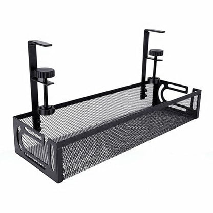 AUNMAS Under Desk Cable Management Tray Cord Organizer with Clamp for Home Office Standing Desk No Tools Needed Adjustable Mount Carbon Steel Mesh (L Black)