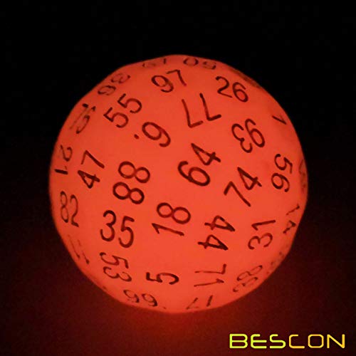 Bescon Glowing Polyhedral 100 Sides Dice Cerise Red, Luminous D100 Dice, 100 Sided Cube, Glow in Dark D100 Game Dice - color: Red Glowing in Dark