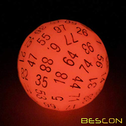 Bescon Glowing Polyhedral 100 Sides Dice Cerise Red, Luminous D100 Dice, 100 Sided Cube, Glow in Dark D100 Game Dice - color: Red Glowing in Dark