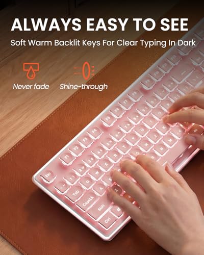 Wireless Keyboard and Mouse Combo with White Backlit Pudding Keycaps, Bluetooth & 2.4G, 2000mAh Rechargeable, Full Size, Metal Panel Quiet Computer Keyboard Set for Windows PC Desktop - Pink - color: Pink