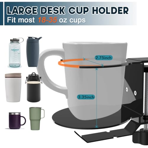 Metal Large Desk Cup Holder with 360° Rotating Headphone Hanger Under Desk, Anti-Spill Table Cup Holder Clamp for Coffee Mugs Bottles, Headset, Pencil Holder.