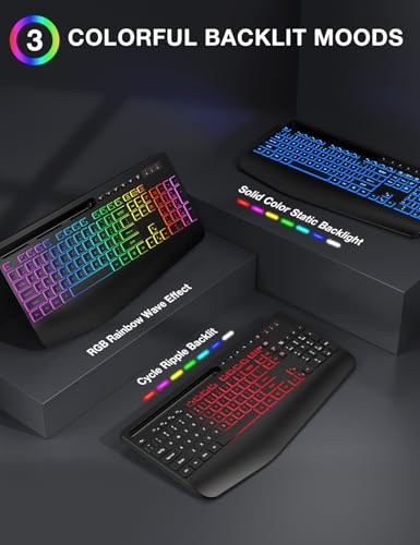 Wireless Keyboard and Mouse Combo - 9 Backlit Effects, 2.4GHz | Ergo Wrist Rest, Phone Holder, Full Size, Rechargeable, Sleep Mode, KM22 MAX Quiet Set for Computer, PC, Laptop, Mac, Windows - color: Classic Black