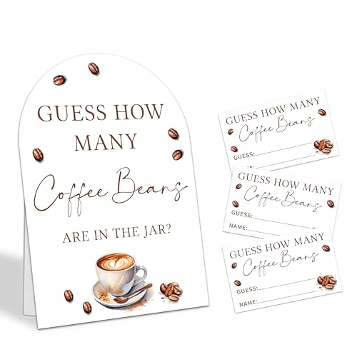 Guess How Many Coffee Beans Are In The Jar Game Set, 50 Guess Cards With 1 Standing Sign, Coffee Themed Baby Shower Wedding Bridal Shower Birthday Party Decor & Activity Supplies - A11 - color: Coffee
