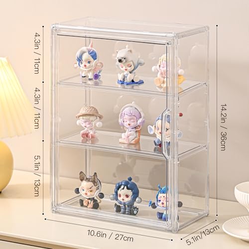 3 Tier Clear Display Case for Figures, Wall-Mounted Acrylic Storage Organizer Box, Stackable Display Cabinet with Magnetic Door & Removable Shelves, Showcase for Collectibles, Figures