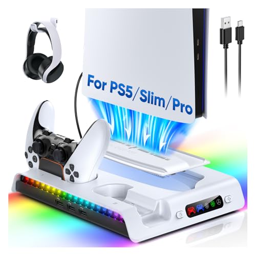 FASTSNAIL Cooling Station with Controller Charger for PS5/Slim/Pro Console | Vertical Cooling Stand, Fast Charger 2 Controllers, 3 Efficient Fans, 9 RGB Light Modes, Headset Hook for PS5 Accessories Kit