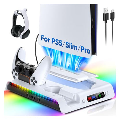 FASTSNAIL Cooling Station with Controller Charger for PS5/Slim/Pro Console | Vertical Cooling Stand, Fast Charger 2 Controllers, 3 Efficient Fans, 9 RGB Light Modes, Headset Hook for PS5 Accessories Kit
