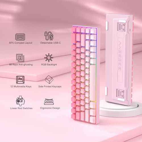 MageGee Portable 60% Mechanical Gaming Keyboard, RGB Backlit Compact 68 Keys Mini Wired Office Keyboard with Red Switches for Laptop PC Mac, Side Printed Keycap - Pink - color: Pink/Red Switch