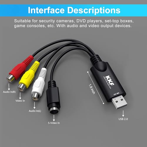 Kkf USB 2.0 Video Capture Card for Streaming – VHS to Digital Converter, with Audio Transfer Grabber, Digitize Video DSLR DVD PS3 PS4 Camera Adapter, for Mac, PC or Notebook (IU037B-2)