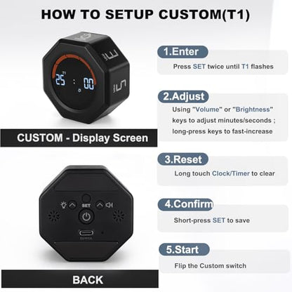 Small Productivity Timer - Pomodoro Timer with 3/5/10/25/60 Min Presets & Custom Countdown | Magnetic Rechargeable Digital Clock for Desk, Study and Games (Black) - color: Black