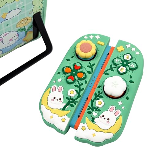 Protective Case for Nintendo Switch 2, Hard Back Shell + 2 Silicone Anti-Slip Controller Covers + 2 Joystick Caps, Rabbit and Flower Cover, Green - color: Green
