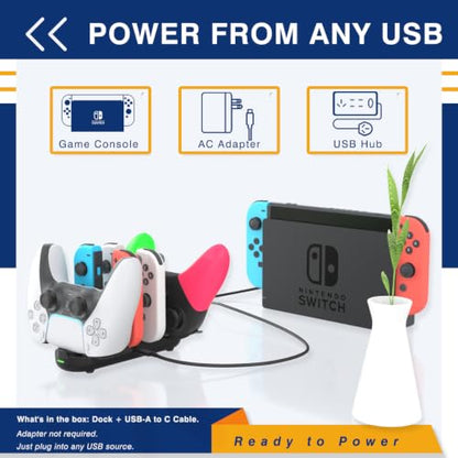 Switch Controller Charger for Nintendo Switch, Charging Dock with JoyCon/Pro / PS5 Controller, Charger Station with LED Indicator and Charger Cable for JoyCons, 6 in 1 Nintendo Charging Dock - size: 80cm
