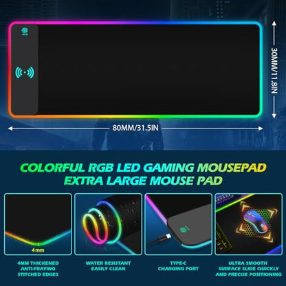 ToLuLu RGB Gaming Wireless Charging Mouse Pad, 5/7.5/10/15W 10 Light Modes LED Mouse Pad Computer Keyboard Mat Mousepad, 800x300x4MM Extended Large Desk Mat for Gaming, MacBook, Laptop, PC, Black - color: Black