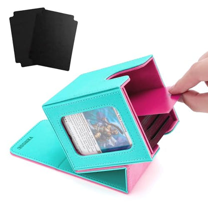 MTG Deck Box with Commander Display Window(Turquoise&Pink, 1 window) | Holds 120 Single/100 Double-Sleeved Cards, Fit MTG/PTCG/OPTCG Cards, Strong Magnet, PU Leather, With 2 Dividers & 1 Toploader - color: Turquoise and Pink