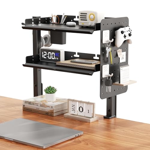 Metal Clamp On Desk Shelf,Storage Shelves with Pegboard and Pencil Holder | 2-Tier Adjustable 16 inch Above or Under Heavy Duty Desktop Organizer with Headphone Holder for Desk Accessories (Black) - color: Black
