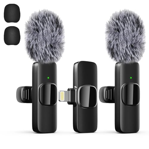 Professional Wireless Lavalier Lapel Microphone for iPhone, iPad, Mini Video Recording Mic for Interview Video Podcast Vlog YouTube & Livestream, Noise Reduction, Plug & Play ，2 Pack (Lightning Port)