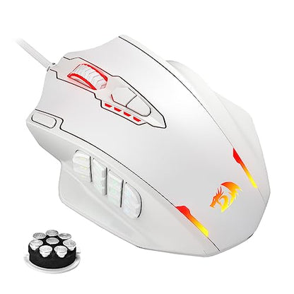 Redragon M908 Impact RGB LED MMO Gaming Mouse with 12 Side Buttons, Optical Wired Ergonomic Mouse with Max 12,400DPI, High Precision, 18 Programmable Macro Shortcuts, Comfort Grip, White | Stable Lag-Free Connection, Redefine Keybinding Macro, Vibing Back